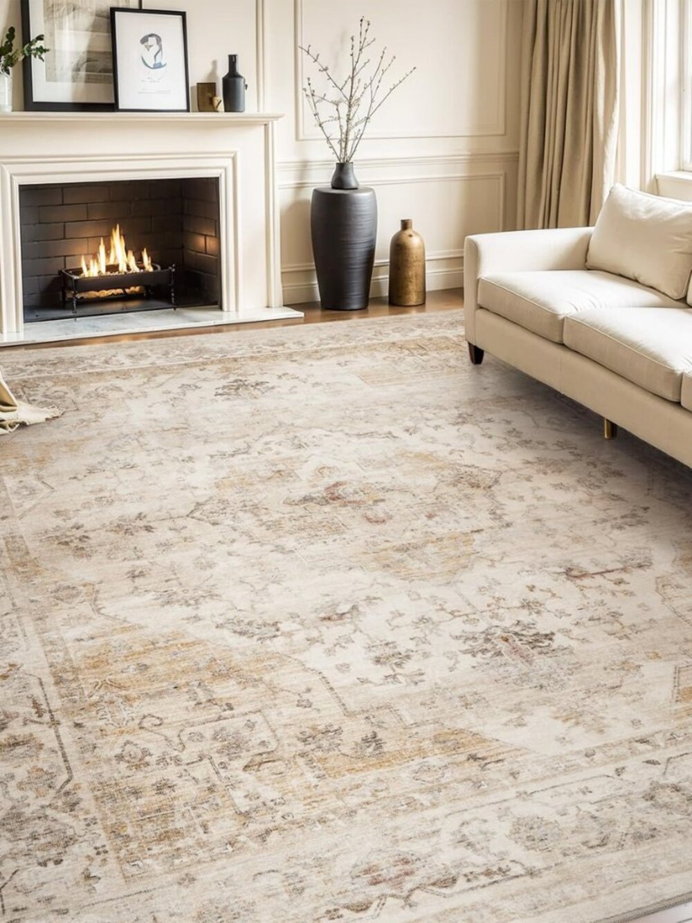 Area Rug 5X7 Rugs for Living Room-Vintage Soft Beige Rugs for Bedroom-Non Slip